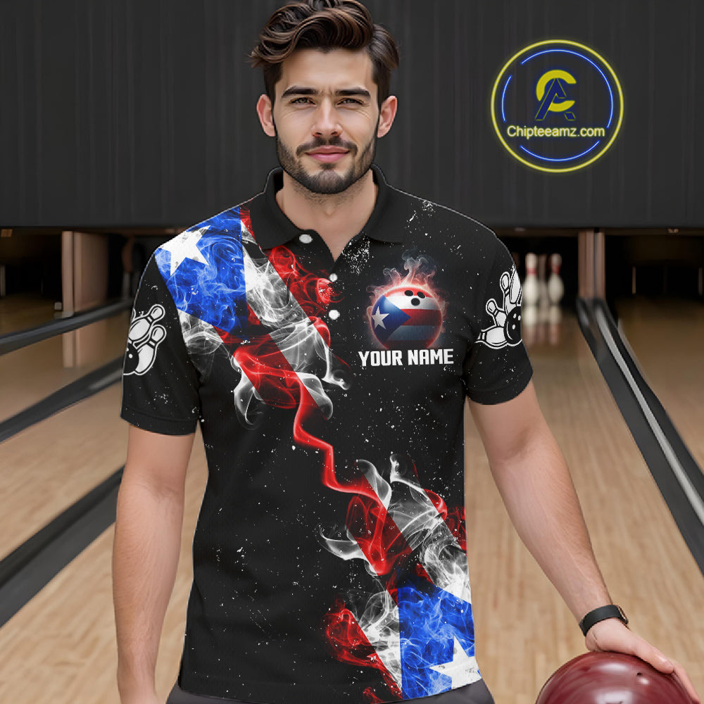 Personalize Puerto Rico Flag Smoke Bowling Shirt For Men Custom Patriotic Bowling Team Jersey TDM6022
