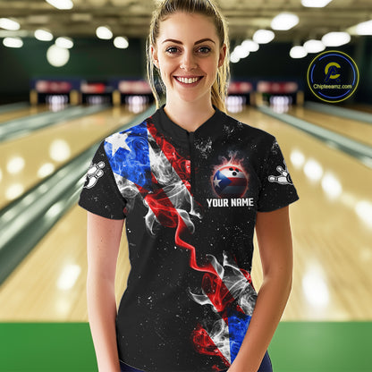Personalize Puerto Rico Flag Smoke Bowling Shirt For Women Custom Patriotic Bowling Team Jersey TDM6022