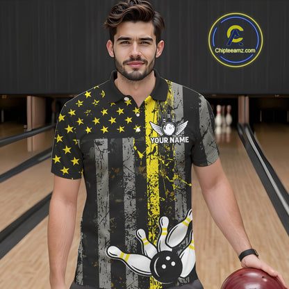 Yellow Grunge American Flag Patriotic Bowling Shirts For Men Custom Bowling Jersey Polo & 1/4 Zip TDM6288