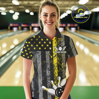 Yellow Grunge American Flag Patriotic Bowling Shirts For Women Custom Bowling Jersey Polo & 1/4 Zip TDM6288