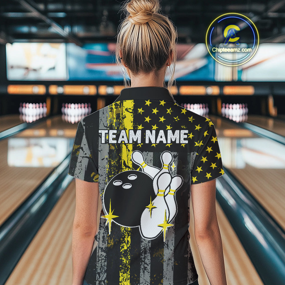 Yellow Grunge American Flag Patriotic Bowling Shirts For Women Custom Bowling Jersey Polo & 1/4 Zip TDM6288