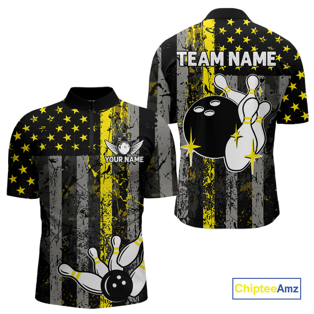 Yellow Grunge American Flag Patriotic Bowling Shirts For Men Custom Bowling Jersey Polo & 1/4 Zip TDM6288