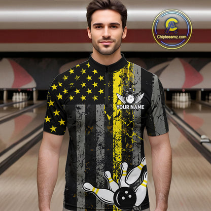 Yellow Grunge American Flag Patriotic Bowling Shirts For Men Custom Bowling Jersey Polo & 1/4 Zip TDM6288