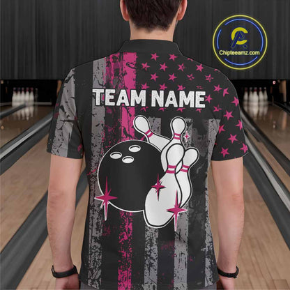 Custom Pink Ribbon Grunge American Flag Bowling Shirt For Men, Breast Cancer Bowling Team Jersey TDM6289