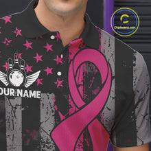 Load image into Gallery viewer, Custom Pink Ribbon Grunge American Flag Bowling Shirt For Men, Breast Cancer Bowling Team Jersey TDM6289
