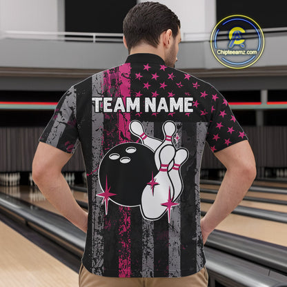 Custom Pink Ribbon Grunge American Flag Bowling Shirt For Men, Breast Cancer Bowling Team Jersey TDM6289