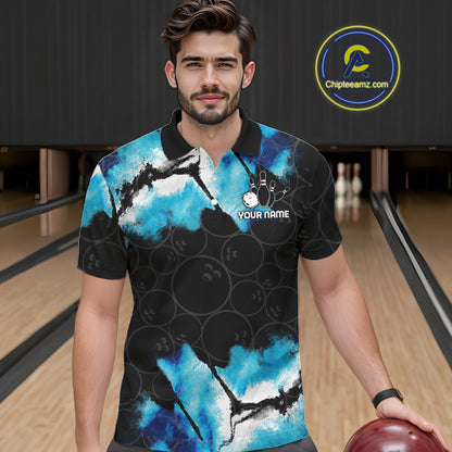 Man wearing a dreamy blue bowling polo shirt at a bowling alley front view.