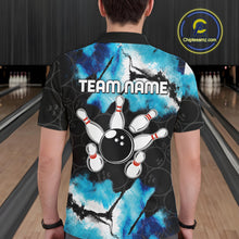 Load image into Gallery viewer, Back view of man wearing a dreamy blue bowling polo shirt inside a bowling alley.