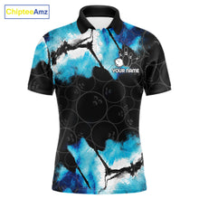Load image into Gallery viewer, Dreamy blue bowling polo shirt for men with custom bowling team graphics.