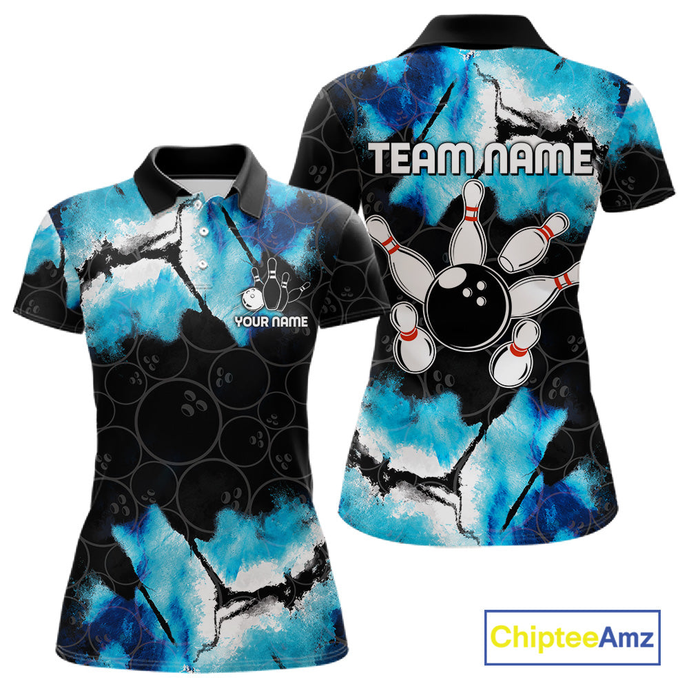 Dreamy blue bowling polo shirt for women with custom bowling team graphics.