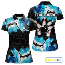 Load image into Gallery viewer, Dreamy blue bowling polo shirt for women with custom bowling team graphics.