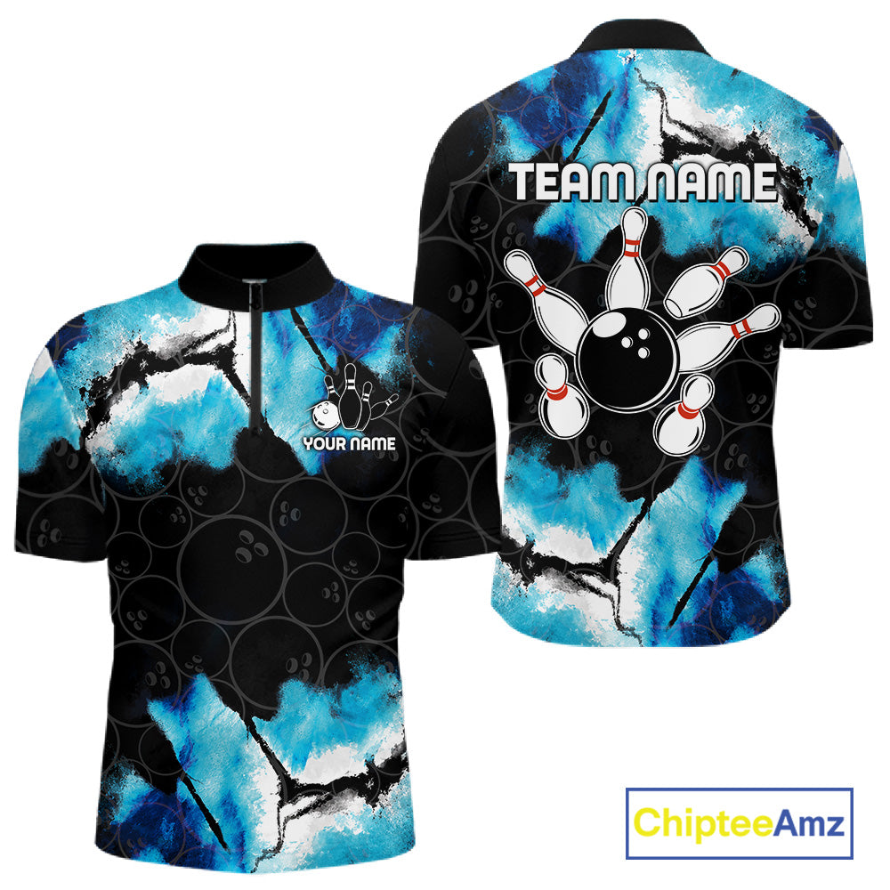 Dreamy blue bowling quarter zip shirt for men designed for league tournaments and team events.