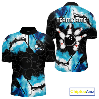 Dreamy blue bowling quarter zip shirt for men designed for league tournaments and team events.