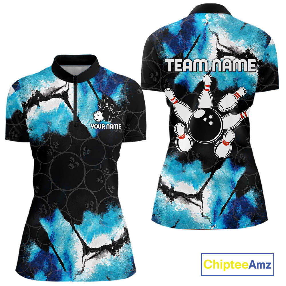 Dreamy blue bowling quarter zip shirt for women designed for league tournaments and team events.