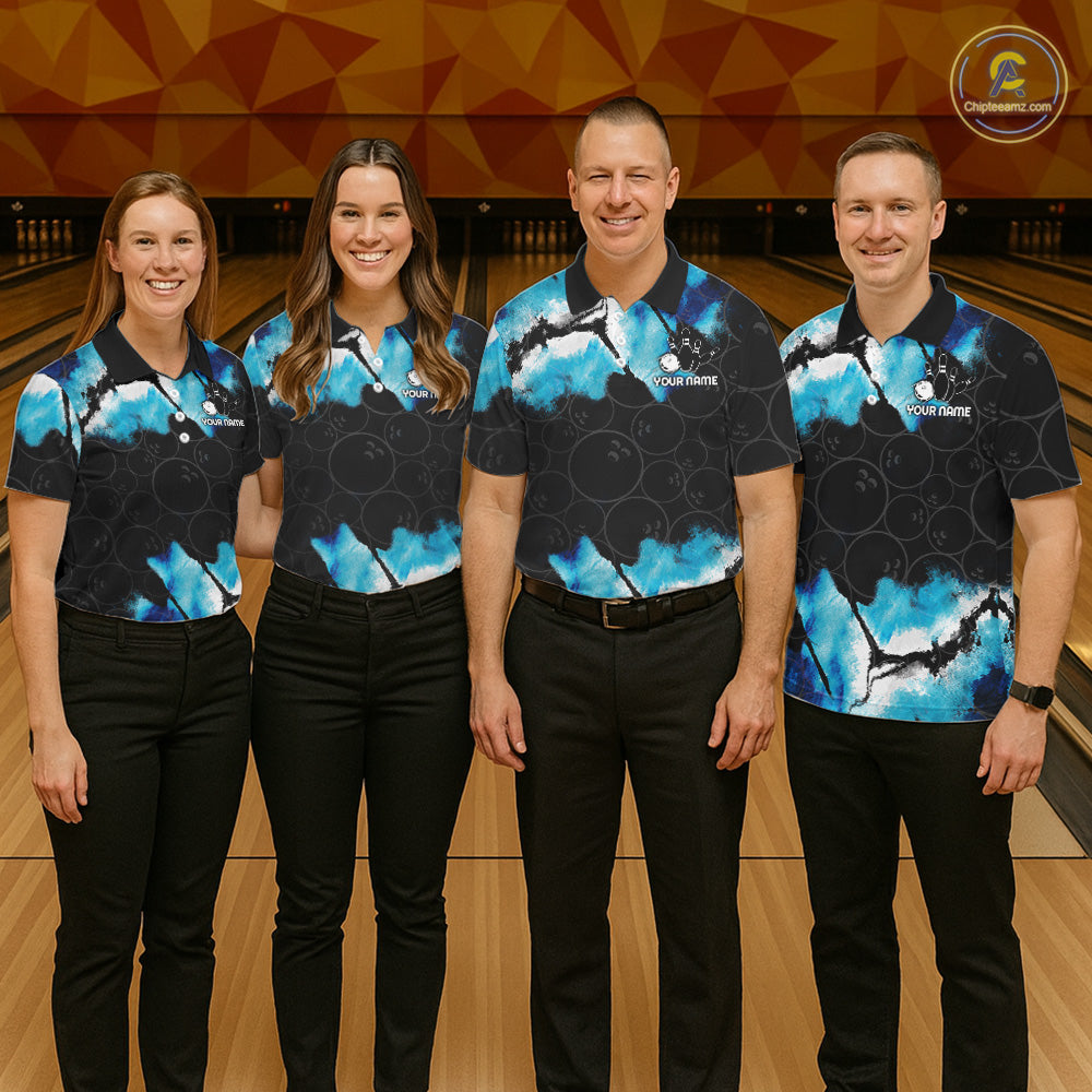 Bowling team wearing matching dreamy blue bowling jerseys during league matches front view.