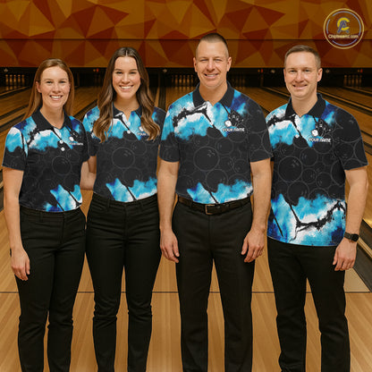 Bowling team wearing matching dreamy blue bowling jerseys during league matches front view.