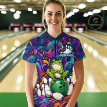 Load image into Gallery viewer, Woman wearing personalized colorful funny frog bowling quarter zip shirt front view.