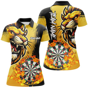 Yellow Funny Darts Flame Lion Custom Polo & Quarter-Zip, Personalized Women Dart Shirts Dart Jerseys TDM2694