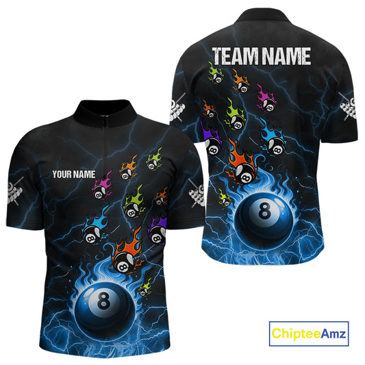 Personalized Funny Colorful Fire Flame 8 Ball Billiard Shirt For Men Custom Pool Team Jersey |Blue TDM4967