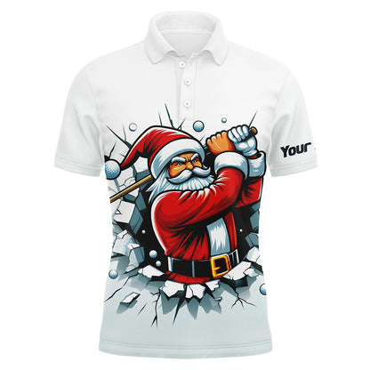 Funny White Crack Wall Men Golf Polo Shirts Custom Santa Playing Golf Outfit Christmas Golfing Gift TDM3177