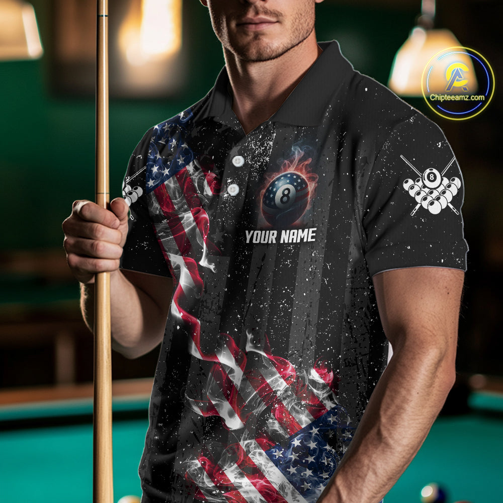 Custom US Flag Smoke 8 Ball Pool Billiard Shirt For Men, 3D Patriotic Billiard Team Jersey TDM5692