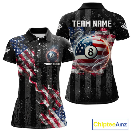 Custom US Flag Smoke 8 Ball Pool Billiard Shirt For Women, 3D Patriotic Billiard Team Jersey TDM5692