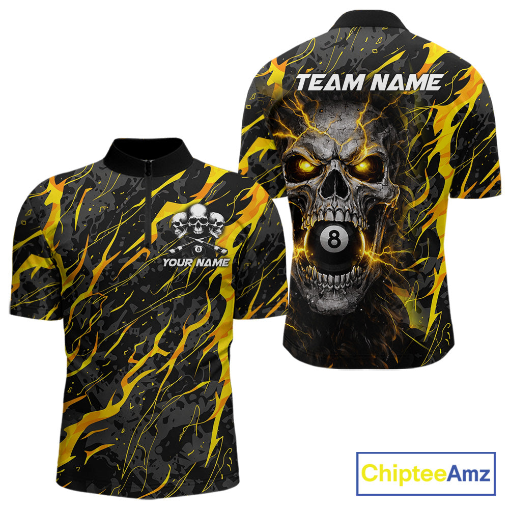 Yellow Black 8 Ball Skull Lightning Splash Billiard Shirt For Men Custom Pool Jersey Polo, 1/4 Zip TDM5892
