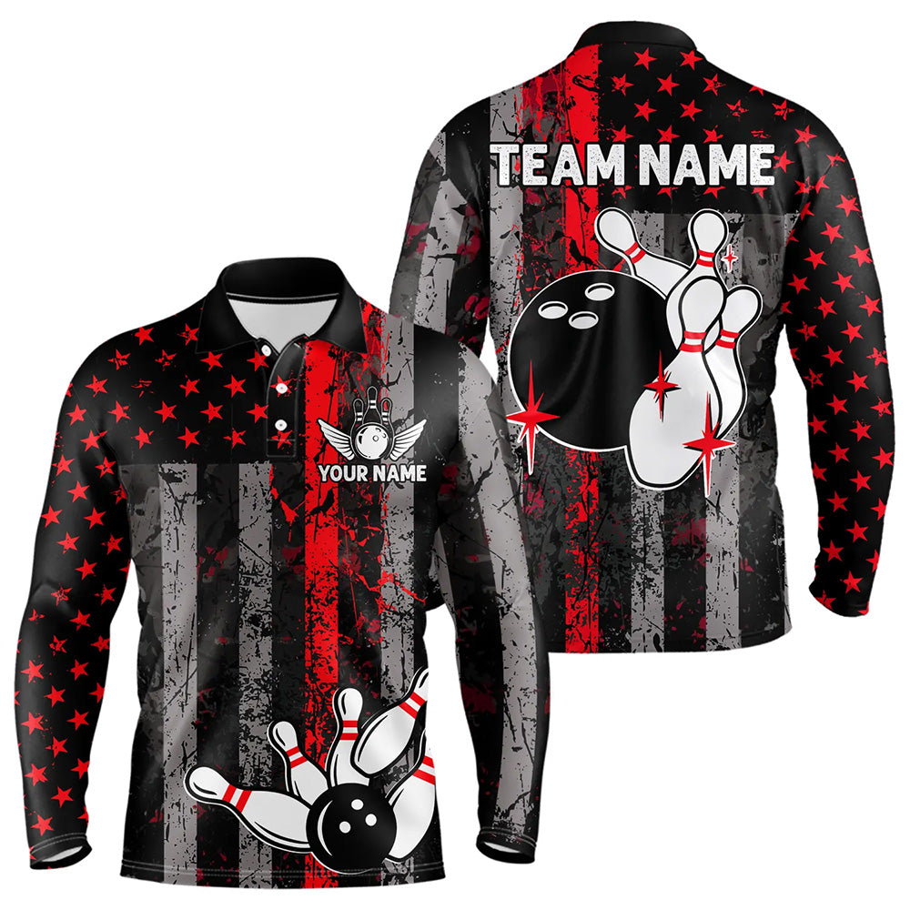 Red And Black Grunge American Flag Patriotic Bowling Shirts For Men Custom Bowling Team Jerseys TDM3696