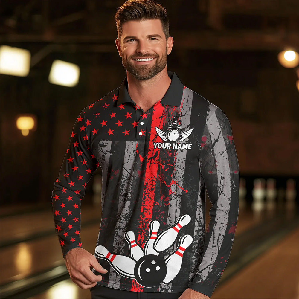 Red And Black Grunge American Flag Patriotic Bowling Shirts For Men Custom Bowling Team Jerseys TDM3696