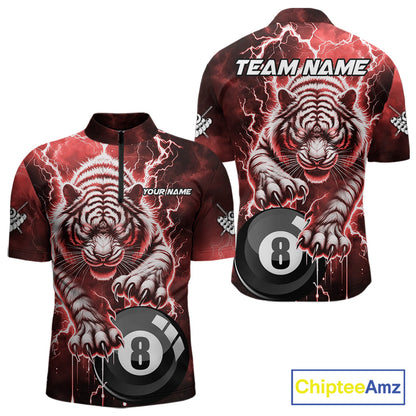 Red 8 Ball Thunder Lightning Tiger Billiard Shirt For Men Custom Pool Team Jersey Polo, 1/4 Zip TDM6037