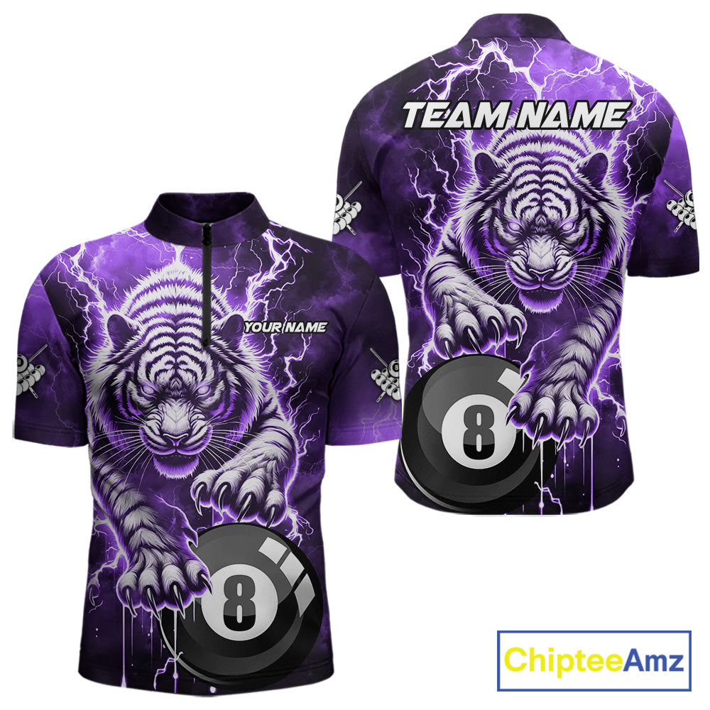 Purple 8 Ball Thunder Lightning Tiger Billiard Shirt For Men Custom Pool Team Jersey Polo, 1/4 Zip TDM6038