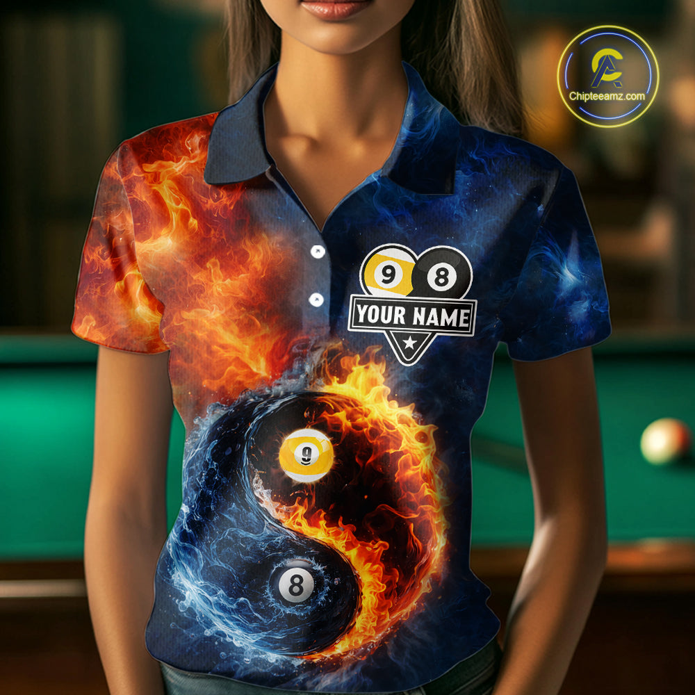 Personalized Water And Fire 8 Ball & 9 Ball Billiard Shirt For Women, Pool Team Jersey Polo & 1/4 Zip TDM6297