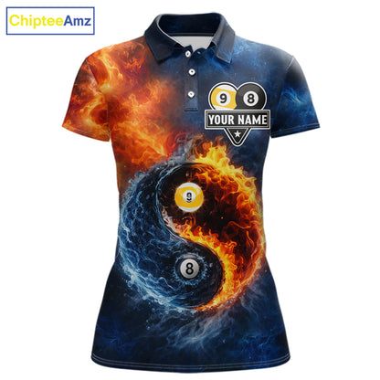 Personalized Water And Fire 8 Ball & 9 Ball Billiard Shirt For Women, Pool Team Jersey Polo & 1/4 Zip TDM6297