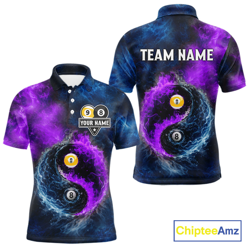 Custom Blue Purple Water Fire Billiard Shirt For Men, 8 Ball & 9 Ball Pool Jersey Polo & 1/4 Zip TDM6298