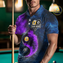 Load image into Gallery viewer, Custom Blue Purple Water Fire Billiard Shirt For Men, 8 Ball &amp; 9 Ball Pool Jersey Polo &amp; 1/4 Zip TDM6298