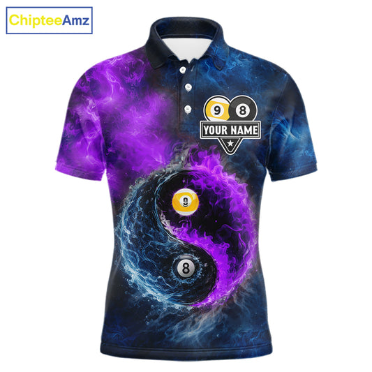 Custom Blue Purple Water Fire Billiard Shirt For Men, 8 Ball & 9 Ball Pool Jersey Polo & 1/4 Zip TDM6298