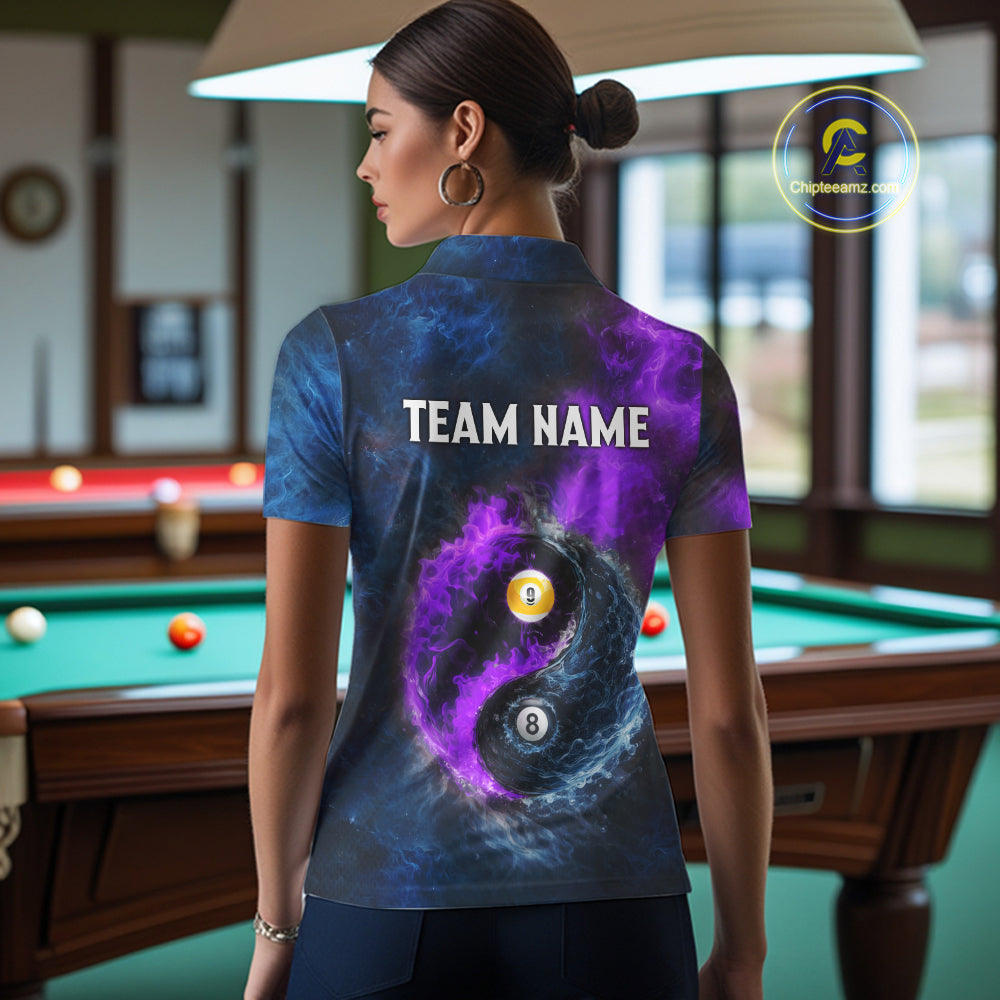 Custom Blue Purple Water Fire Billiard Shirt For Women, 8 Ball & 9 Ball Pool Jersey Polo & 1/4 Zip TDM6298
