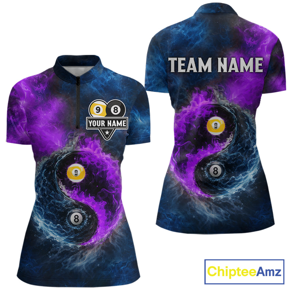 Custom Blue Purple Water Fire Billiard Shirt For Women, 8 Ball & 9 Ball Pool Jersey Polo & 1/4 Zip TDM6298