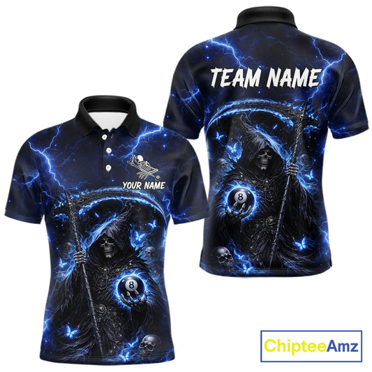 Blue 8 Ball Pool Grim Reaper Billiard Shirt For Men Custom Billiard Team Jersey Polo & 1/4 Zip TDM6300