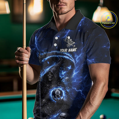 Blue 8 Ball Pool Grim Reaper Billiard Shirt For Men Custom Billiard Team Jersey Polo & 1/4 Zip TDM6300