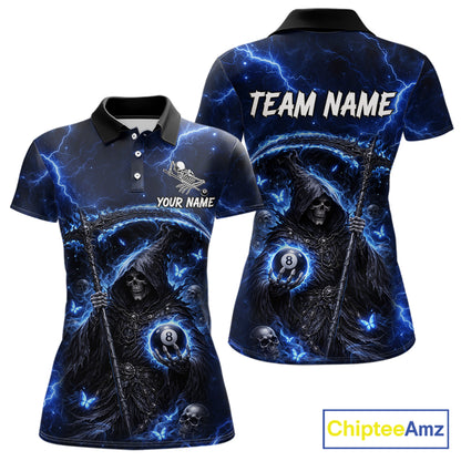 Blue 8 Ball Pool Grim Reaper Billiard Shirt For Women Custom Billiard Team Jersey Polo & 1/4 Zip TDM6300