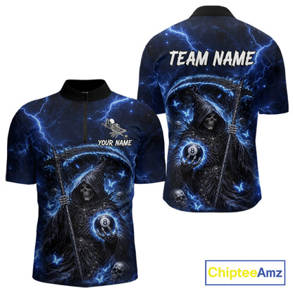 Blue 8 Ball Pool Grim Reaper Billiard Shirt For Men Custom Billiard Team Jersey Polo & 1/4 Zip TDM6300