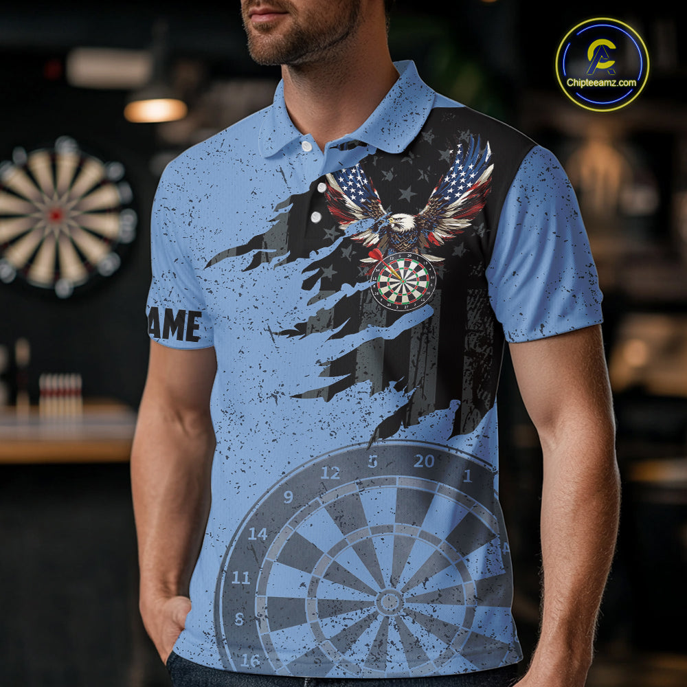 Eagle Retro American Flag Patriotic Darts Shirts For Men Custom Darts League Team Jersey | Blue TDM7190