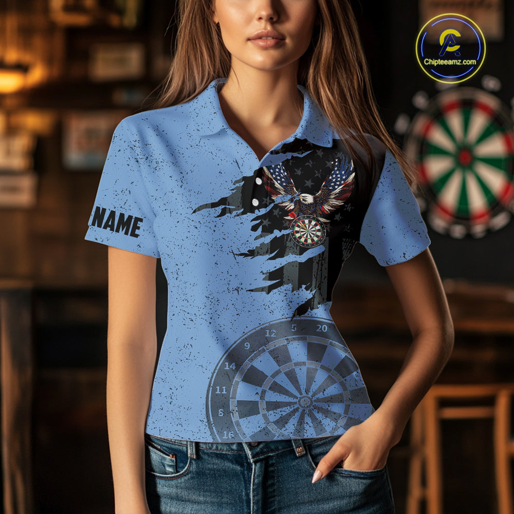 Eagle Retro American Flag Patriotic Darts Shirts For Women Custom Darts League Team Jersey | Blue TDM7190