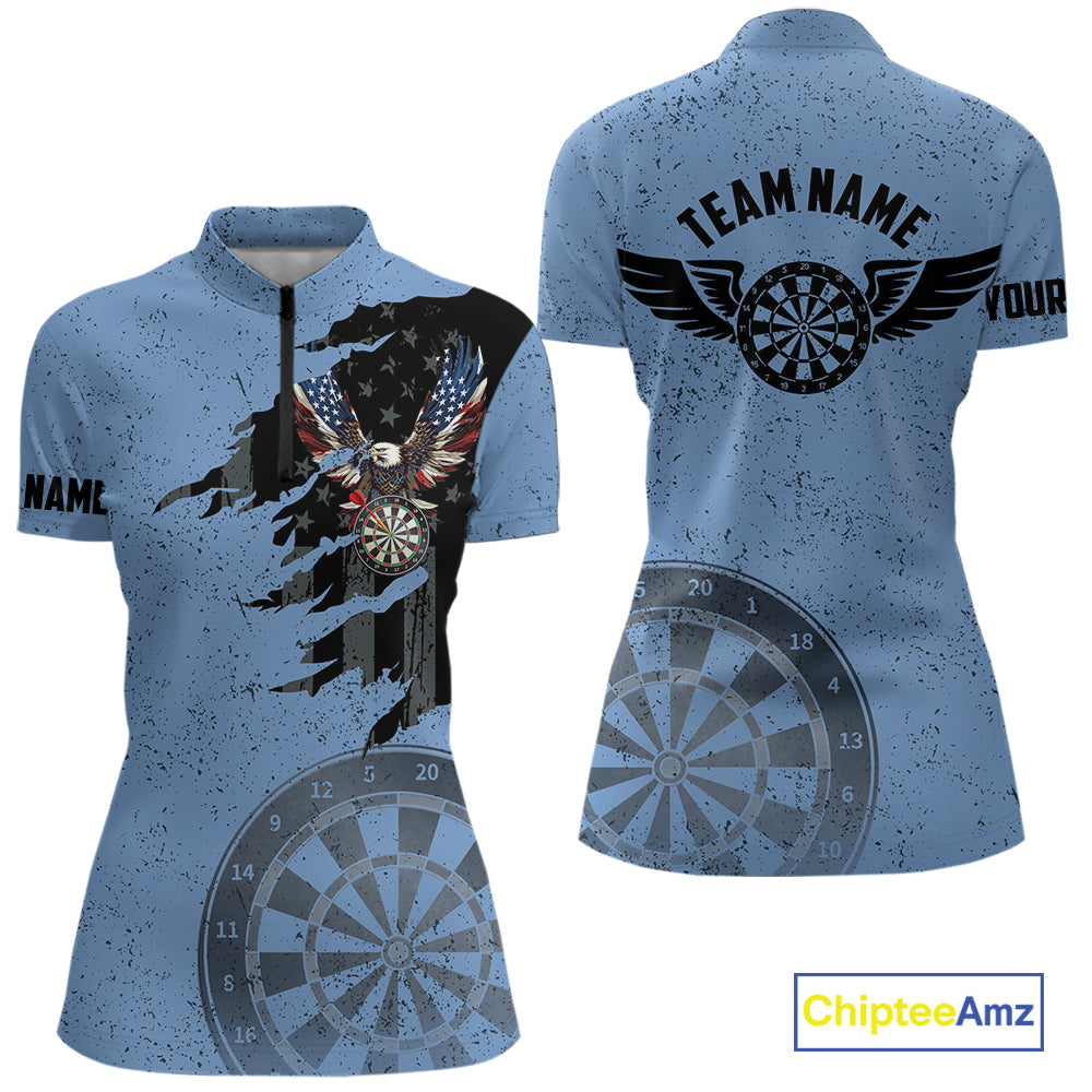 Eagle Retro American Flag Patriotic Darts Shirts For Women Custom Darts League Team Jersey | Blue TDM7190