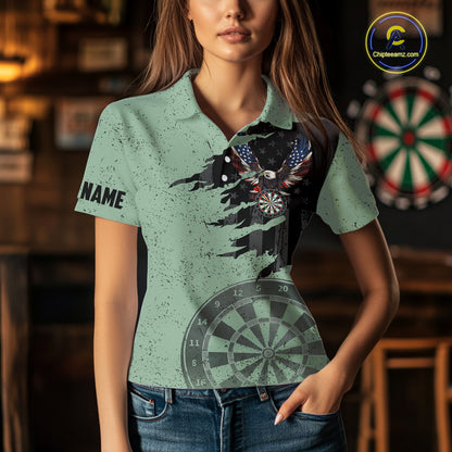 Eagle Retro American Flag Patriotic Darts Shirts For Women Custom Darts League Team Jersey | Green TDM7191