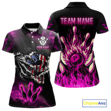 Load image into Gallery viewer, Pink Flaming American Flag Skull Bowling Shirt For Women Custom Fire Bowling Team Jersey TDM4751