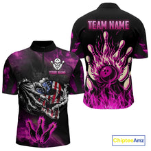 Load image into Gallery viewer, Pink Flaming American Flag Skull Bowling Shirt For Men Custom Fire Bowling Team Jersey TDM4751