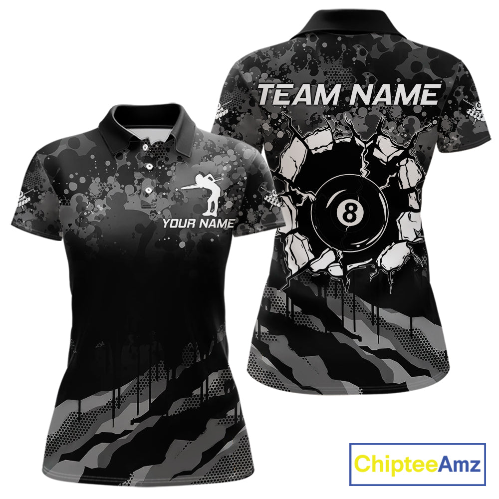 Personalized Grunge Camo Billiard Shirts For Women, 8 Ball Pool Team Jersey Polo & 1/4 Zip TDM5903