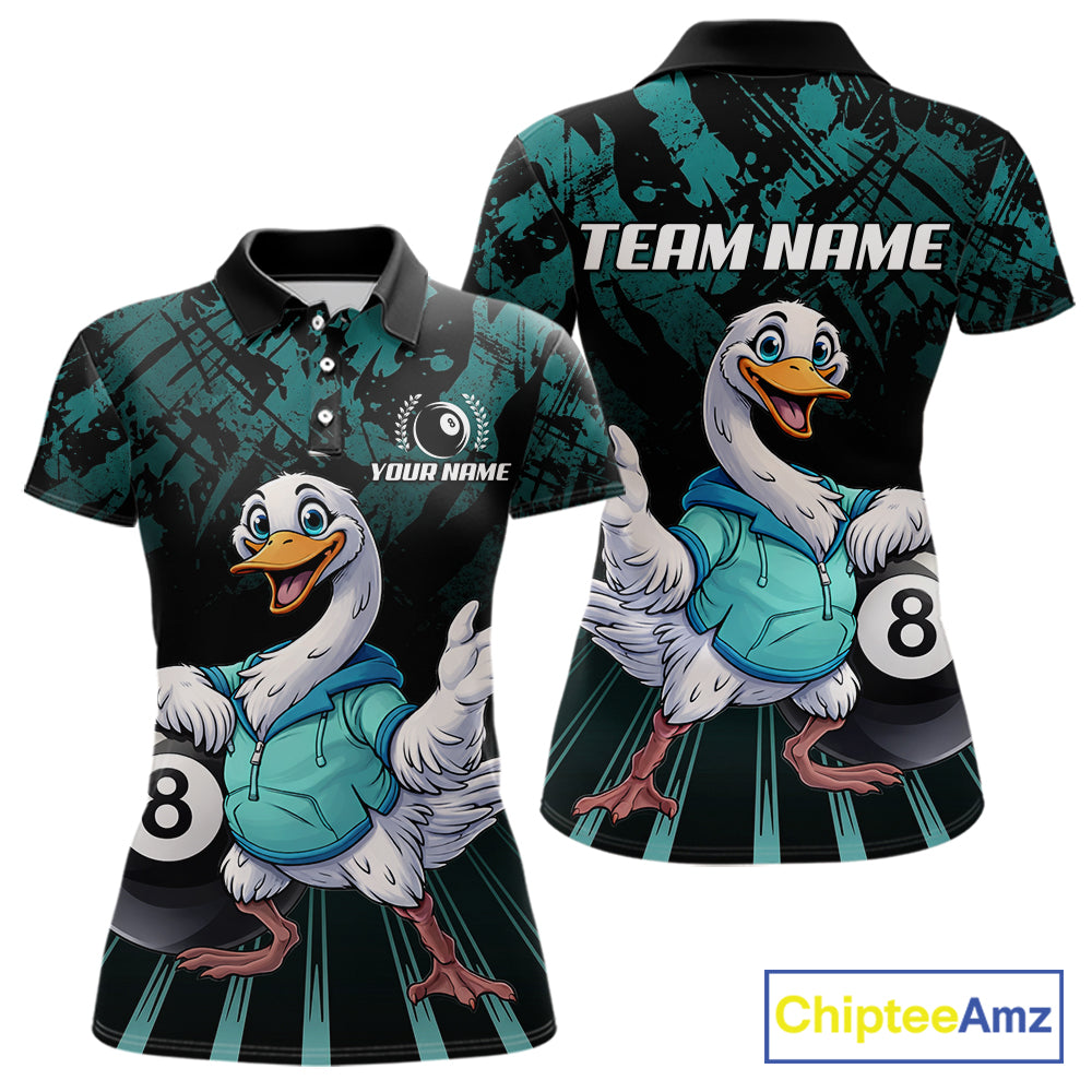 Black And Teal Grunge 8 Ball Pool Billiard Shirt For Women Custom Funny Duck Pool Team Jersey NYN3012